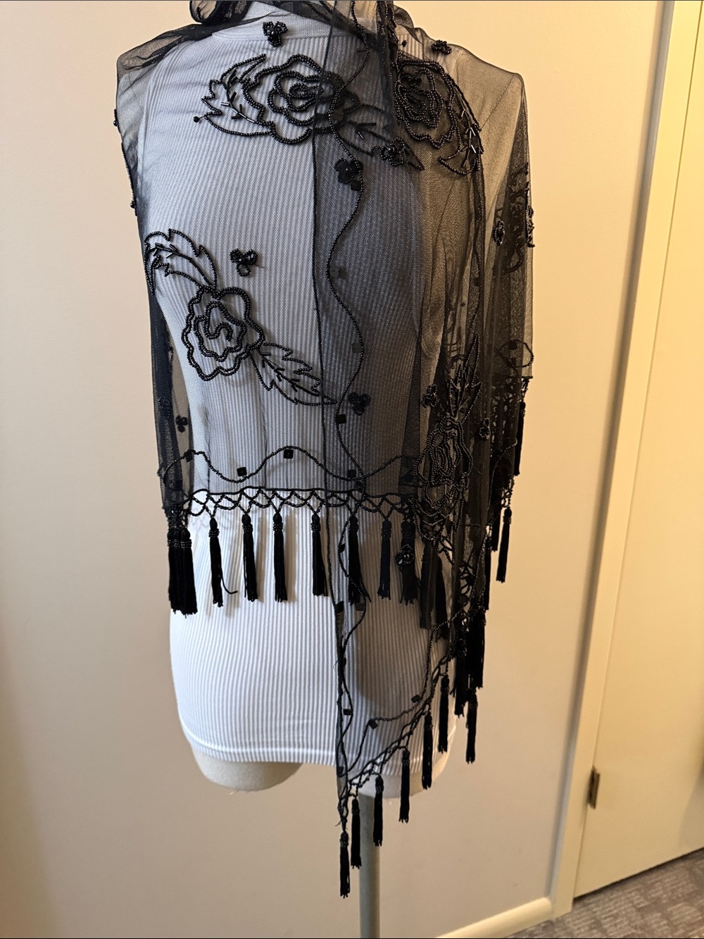 Black Embroidered Tassel Fringe Sheer shawl